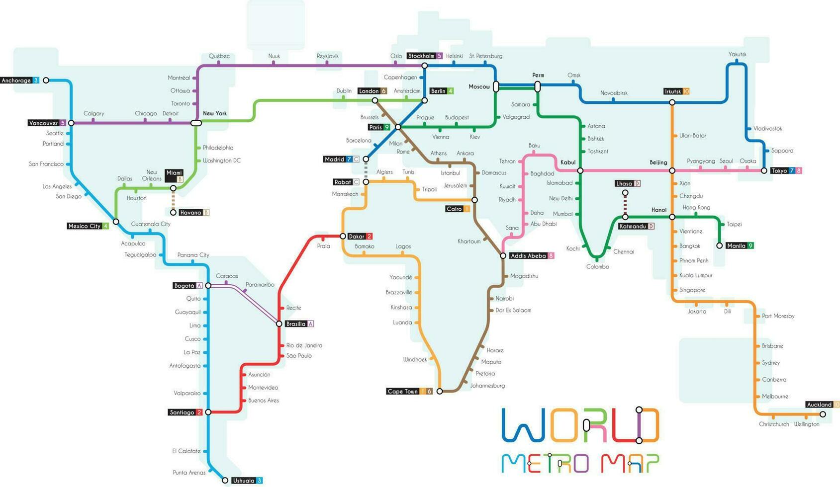 Vector illustration of a world map designed as a subway map