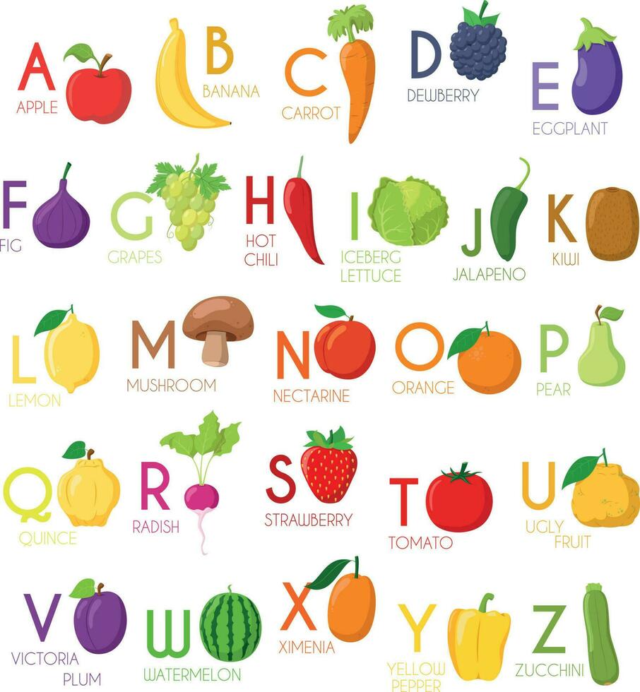 Cute cartoon illustrated alphabet with fruits and vegetables. English alphabet. Learn to read. Isolated Vector illustration.