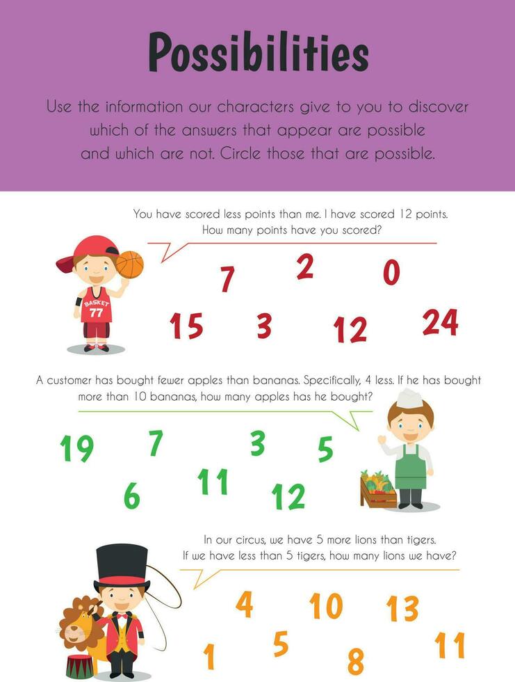 Possibilities Educational Sheet. Primary module for Logic Reasoning. 5-6 years old. Educational Sheets Series vector