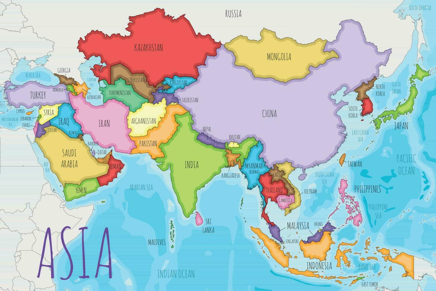 Political Asia Map vector illustration with different colors for each country. Editable and clearly labeled layers.