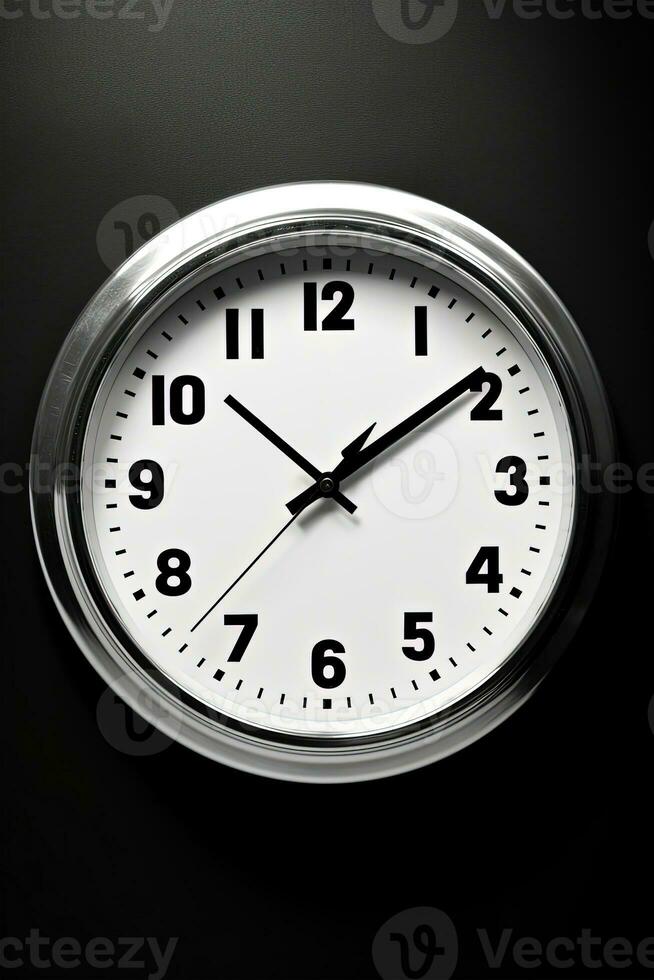 Realistic Silver Wall Clock On Black Background. photo