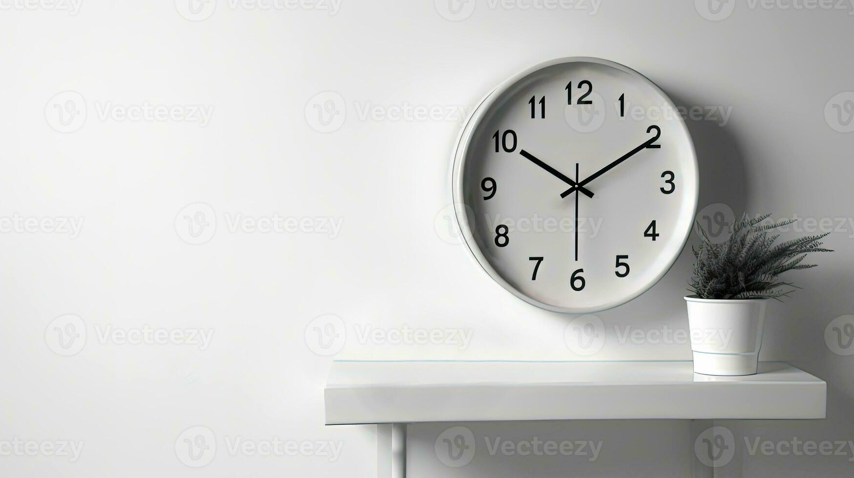 Round Shape Clock, Plant Pot On Table Against Gray Wall. photo