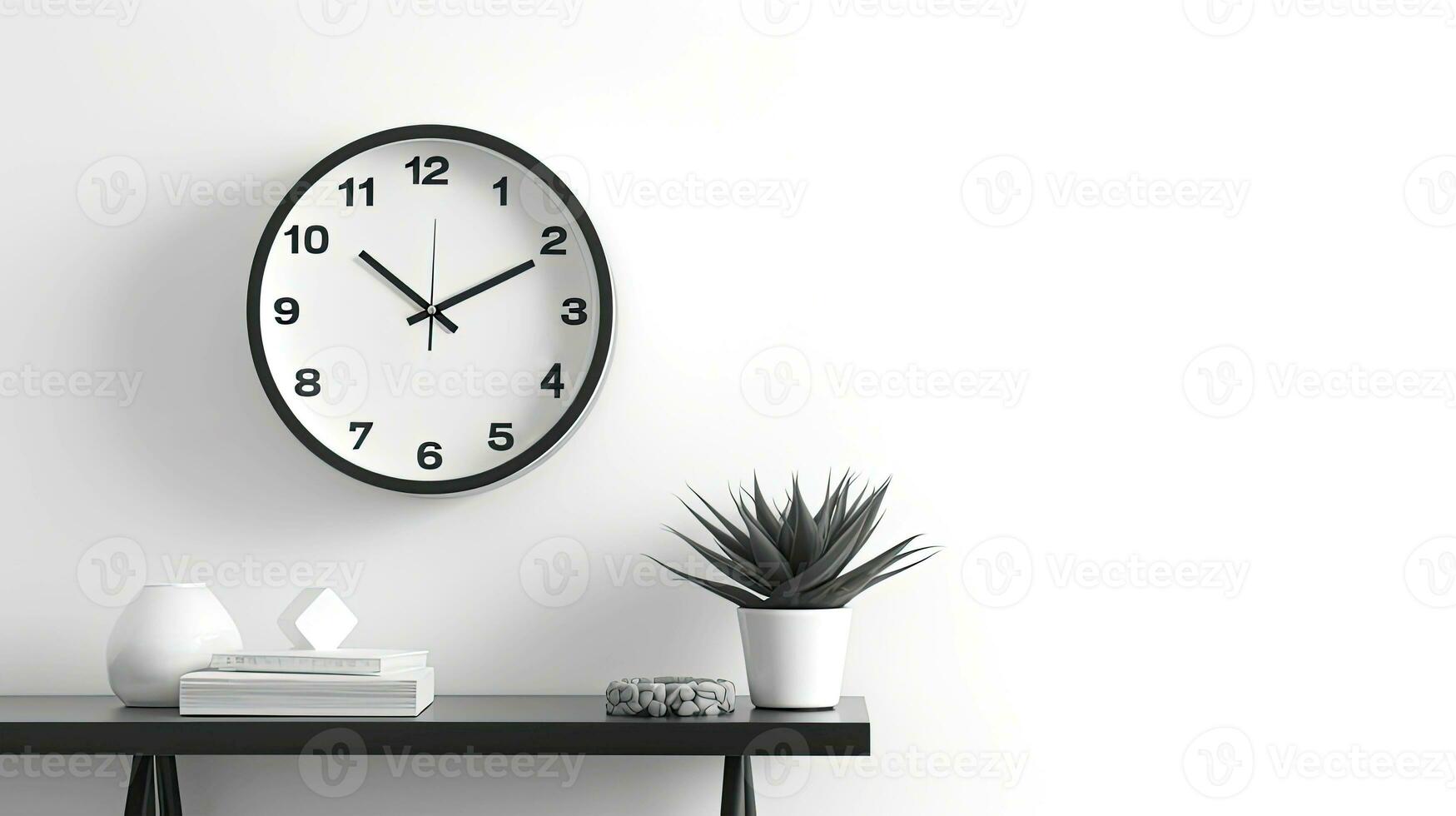 Round Shape Clock With Books of Desk And Plant Pot Against Wall. photo