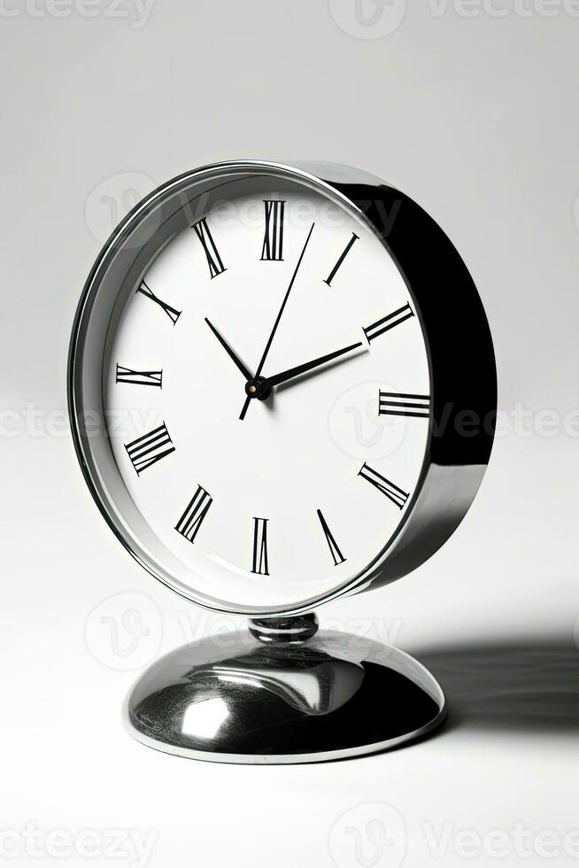 Realistic Silver Desk Clock On Gray Background. photo