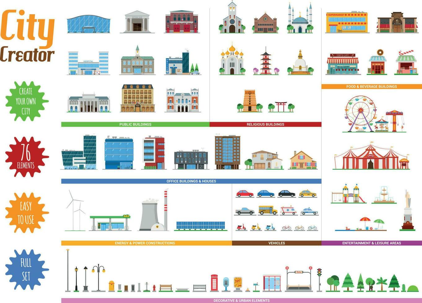 City Creator Full Collection with 76 elements vector