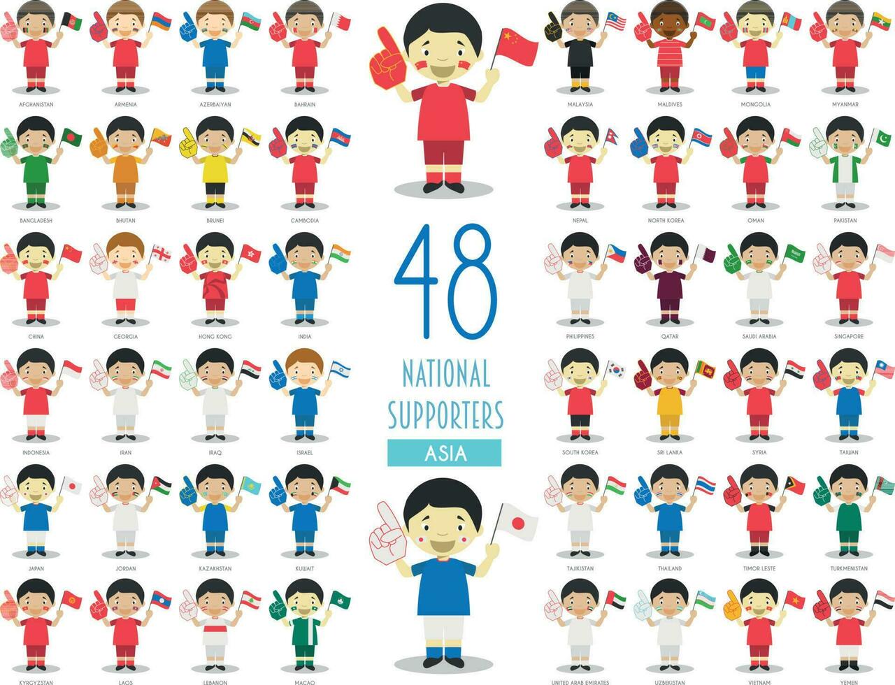conjunto de 48 nacional deporte equipo aficionados desde asiático países vector ilustración