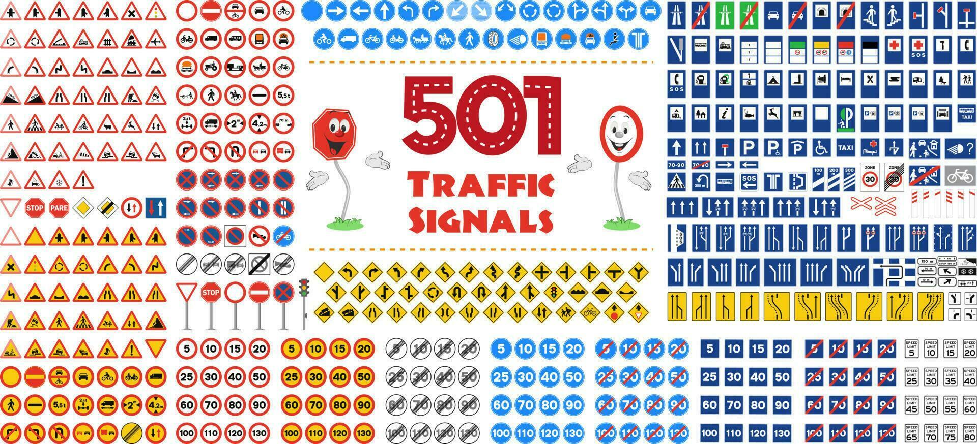 Full collection of 501 Traffic or Road signals isolated on white background. Vector illustration icon set