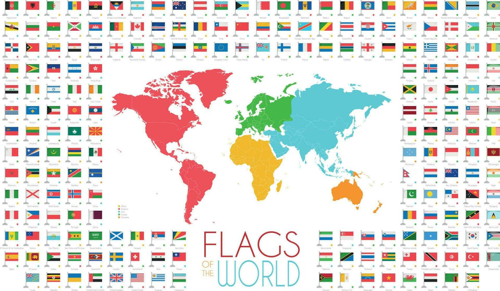 204 world flags with world map by continents vector illustration