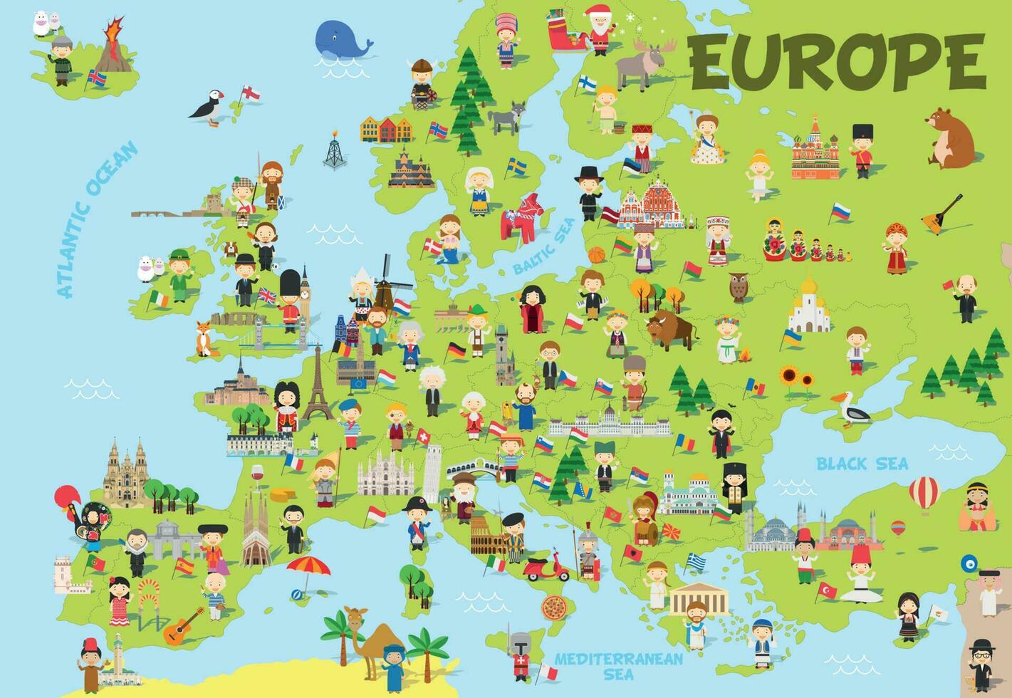 Funny cartoon map of Europe with childrens of different nationalities, representative monuments, animals and objects of all the countries. Vector illustration for preschool education and kids design.