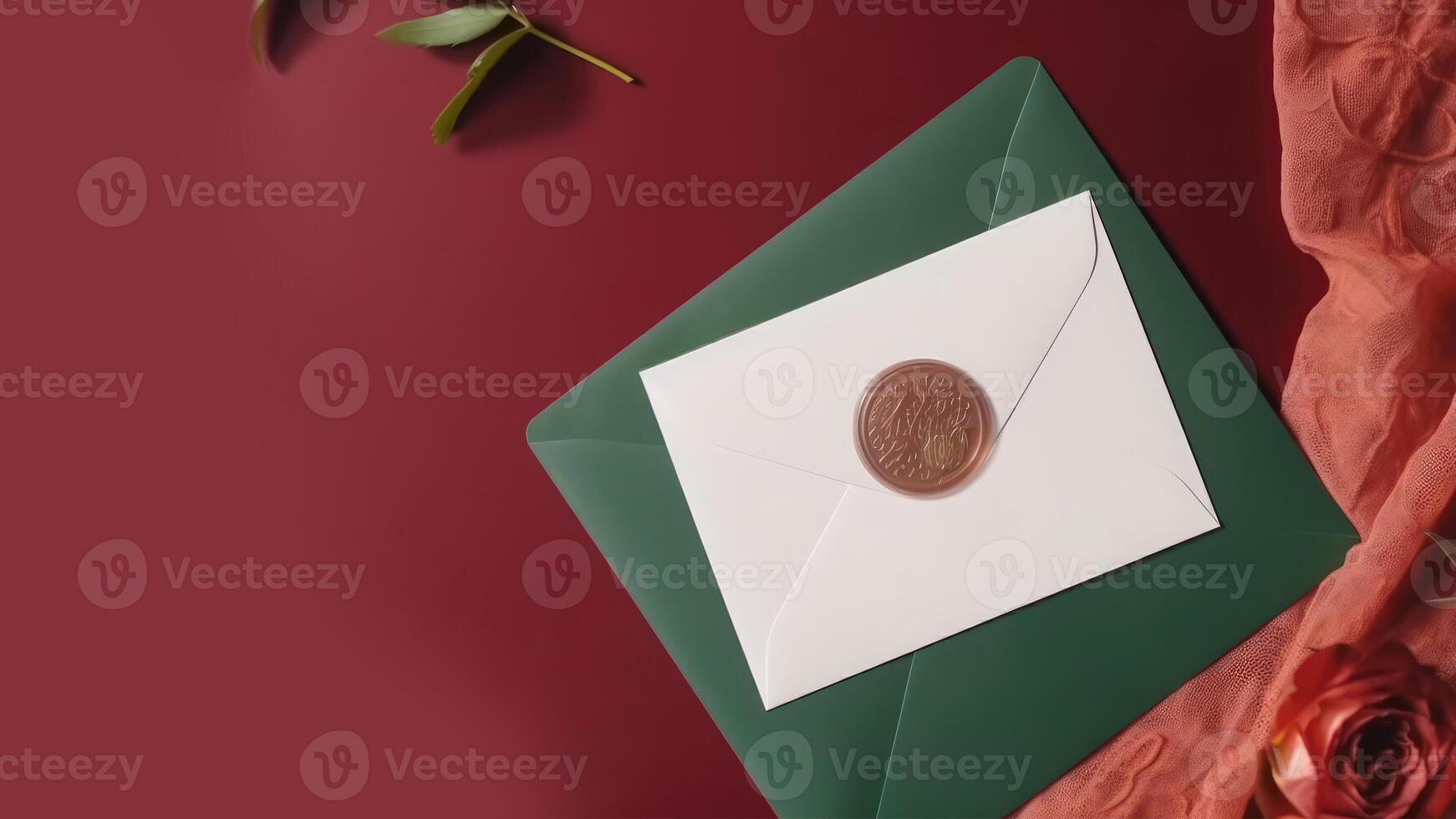 Top View of Golden Seal on Invitation Card with Rose Flower and Peach Net Fabric on Red Background. Illustration. photo