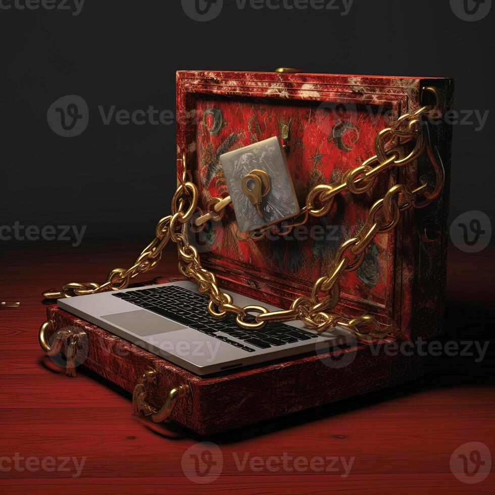 Realistic Laptop Keyboard inside Rustic Open Suitcase Bound in Golden Chain. Technology. photo