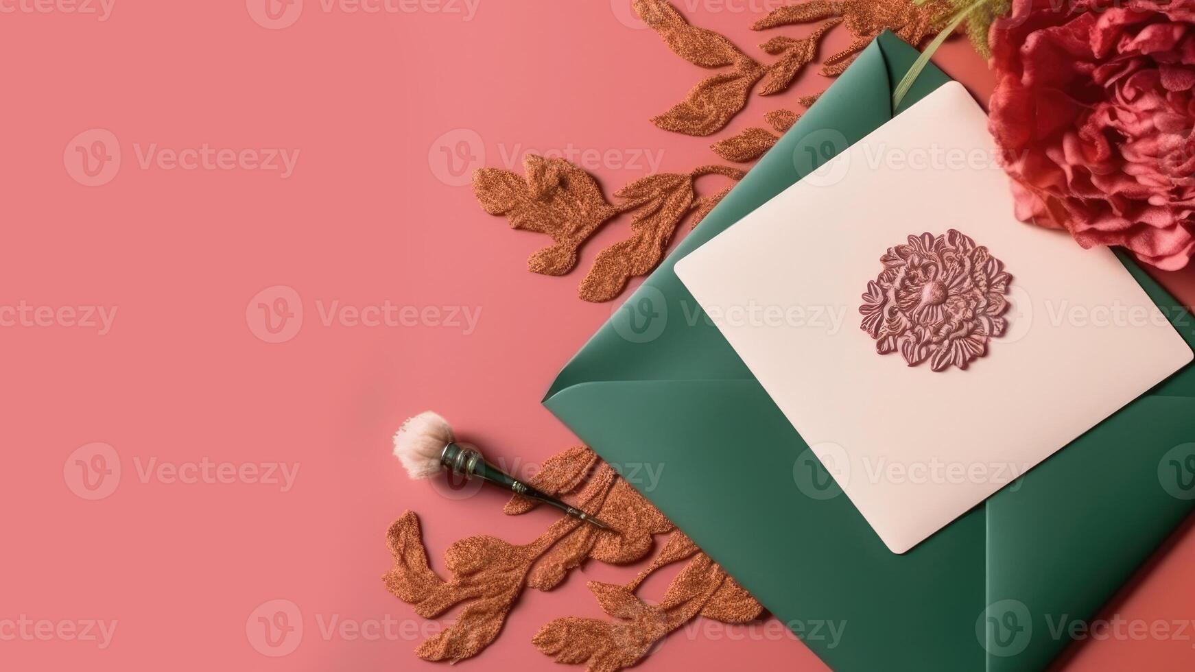 Top View of Elegant Invitation Card Envelope and Floral Design on Pastel Red Background, Illustration. photo