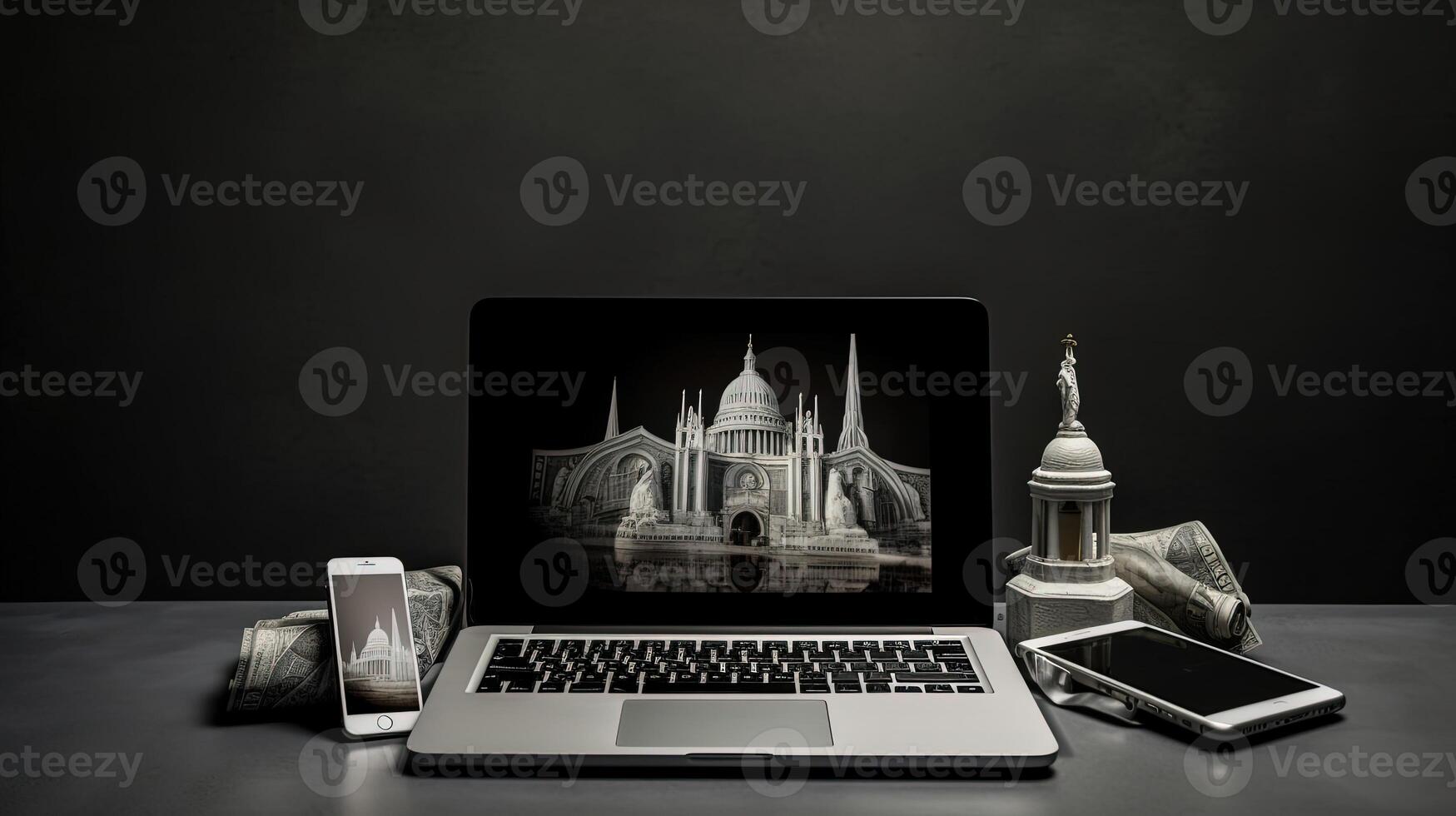 Multimedia Smart Device as Laptop, Smartphone, Tablet with Screen of Dome Building Image on Gray Background. . photo