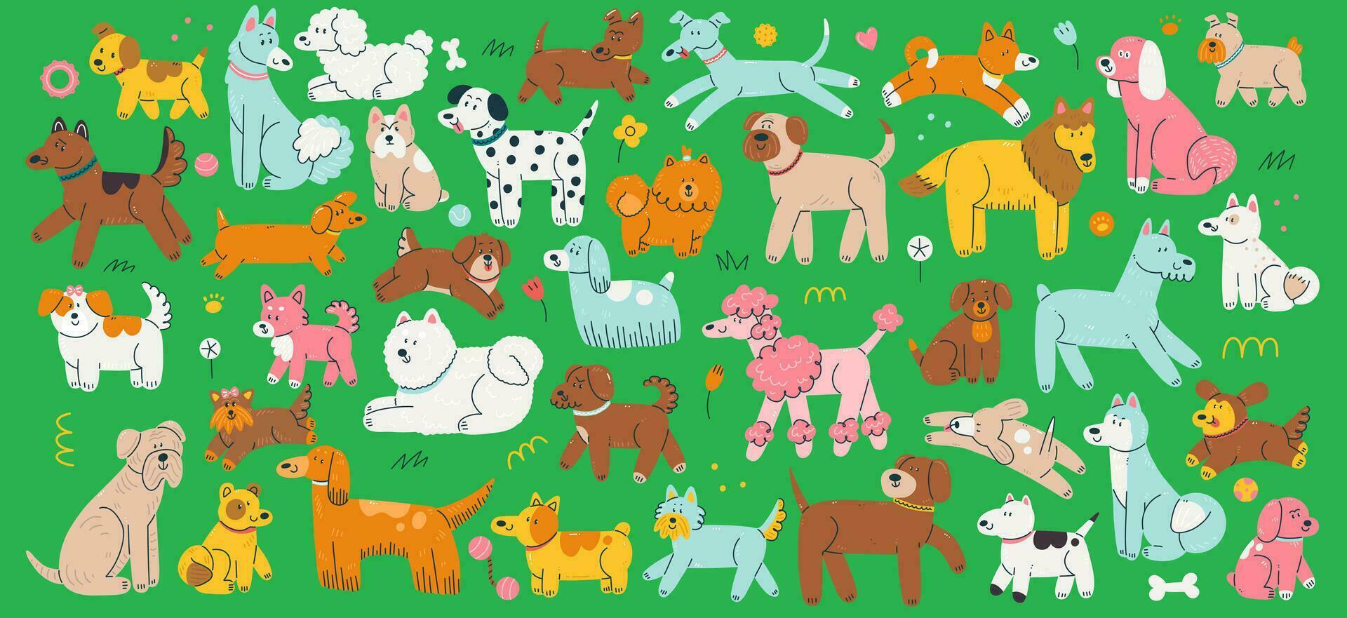 A set with dog characters in a funny cartoon flat style. Vector animal illustration.