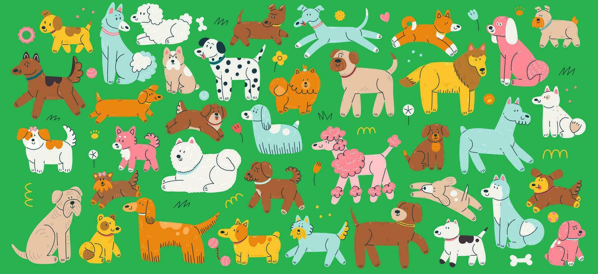 un conjunto con perro caracteres en un gracioso dibujos animados plano estilo. vector animal ilustración.