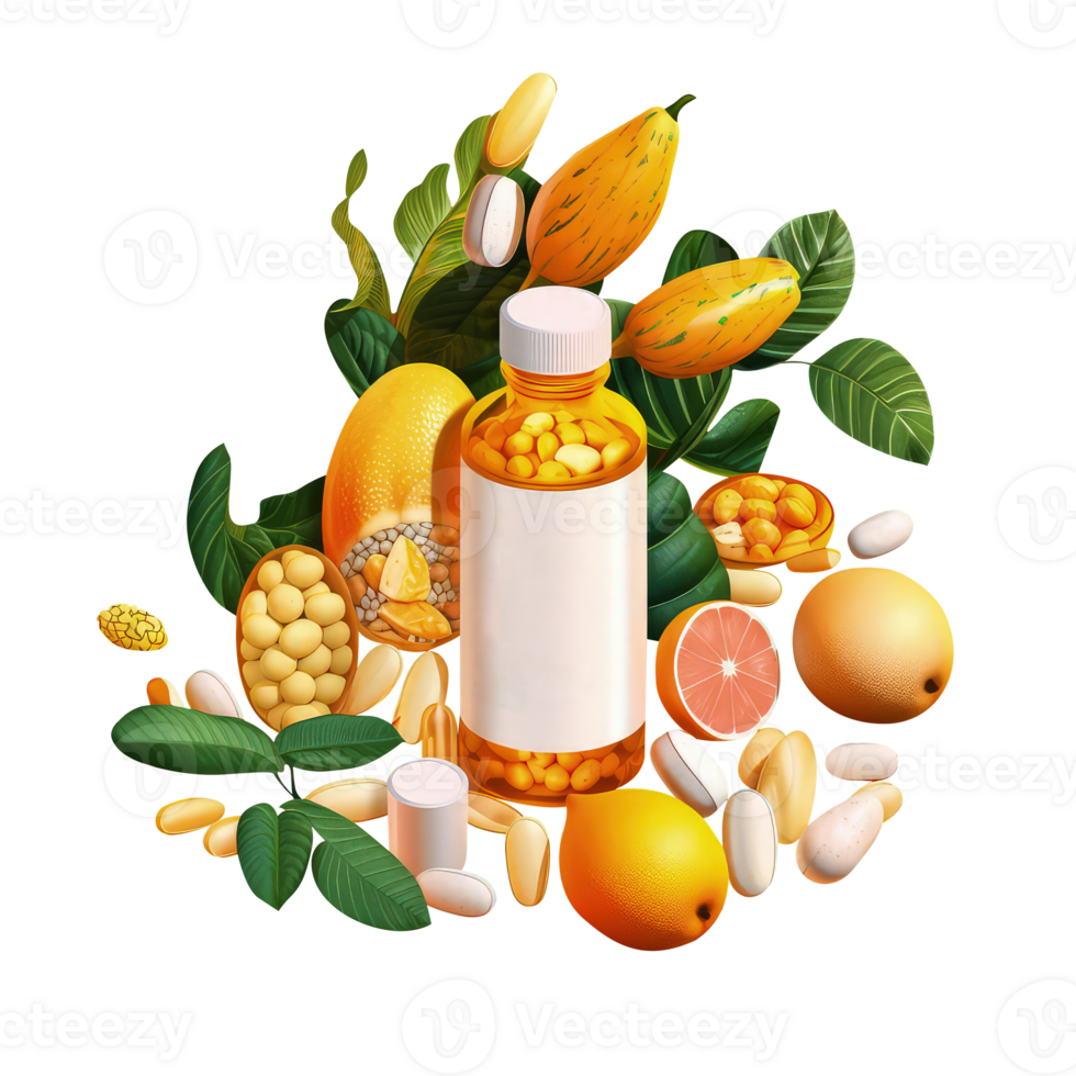 Vitamins and Minerals Pills with Grains and Fruits on Png Background.