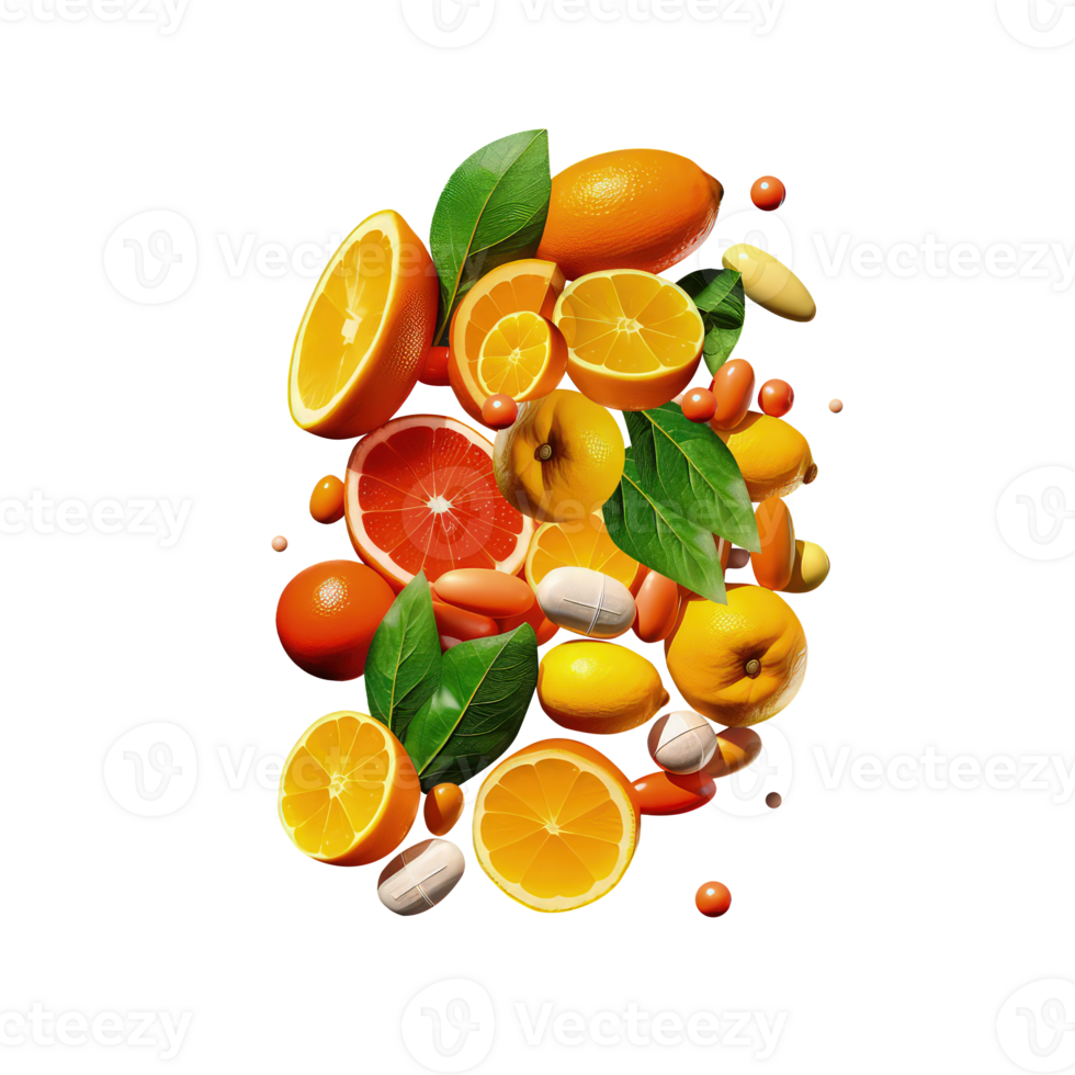 Vitamin C Pills with Orange Whole and Slice on Png Background.