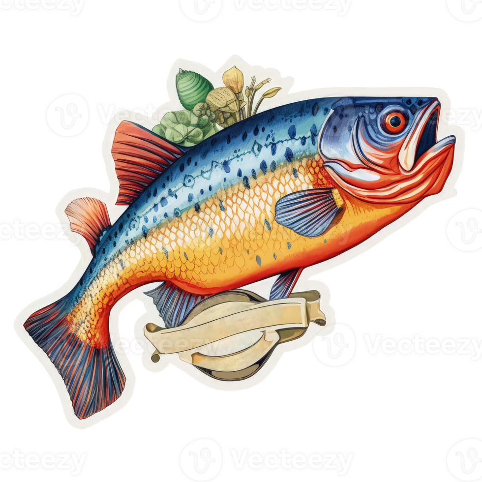 Sticker Style Whole Fish with Vegetables on Png Background.