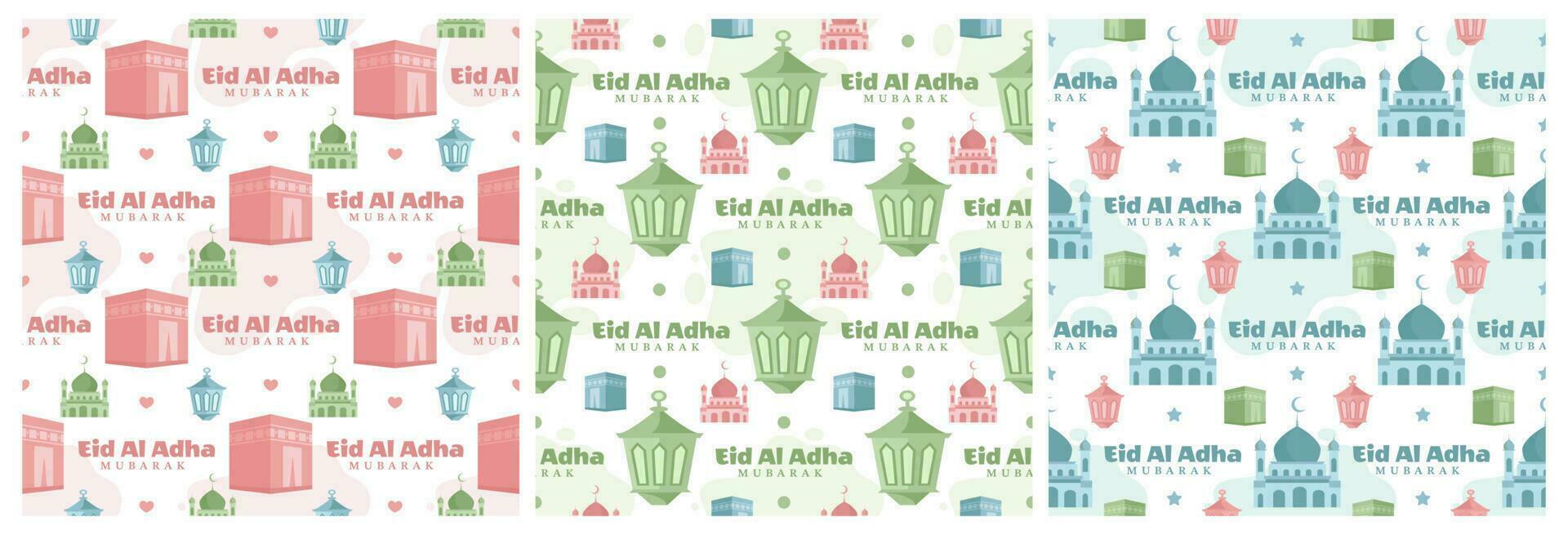 Set of Happy Eid Al Adha Mubarak Seamless Pattern of Muslims Celebration with Sacrificial Animals in Template Hand Drawn Cartoon Flat Illustration vector
