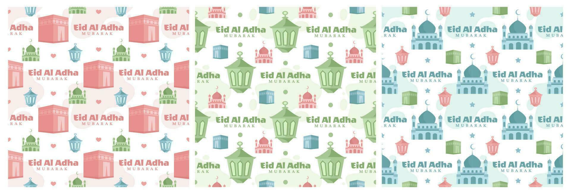 conjunto de contento eid Alabama adha Mubarak sin costura modelo de musulmanes celebracion con sacrificatorio animales en modelo mano dibujado dibujos animados plano ilustración vector