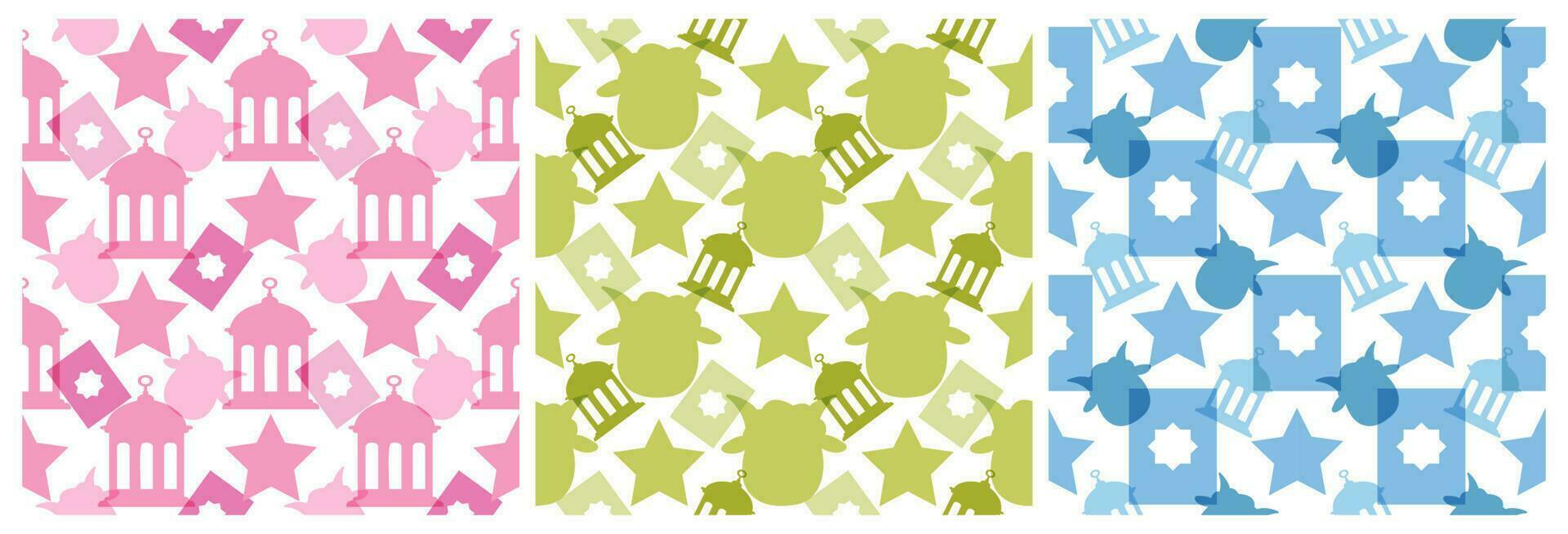 Set of Happy Eid Al Adha Mubarak Seamless Pattern of Muslims Celebration with Sacrificial Animals in Template Hand Drawn Cartoon Flat Illustration vector