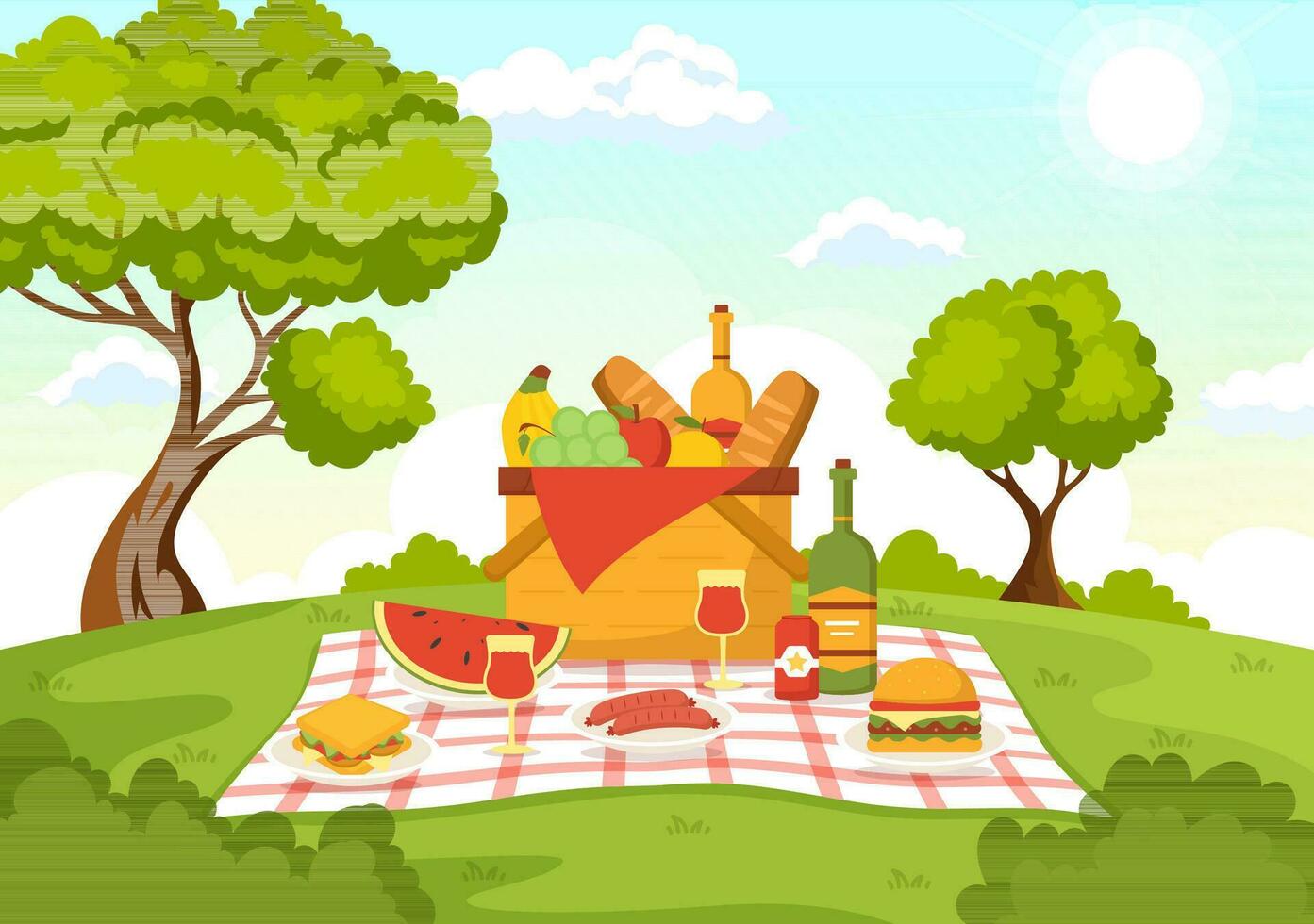 Picnic Outdoors Vector Illustration of People Sitting on a Green Grass in Nature on Summer Holiday Vacations in Flat Cartoon Hand Drawn Templates