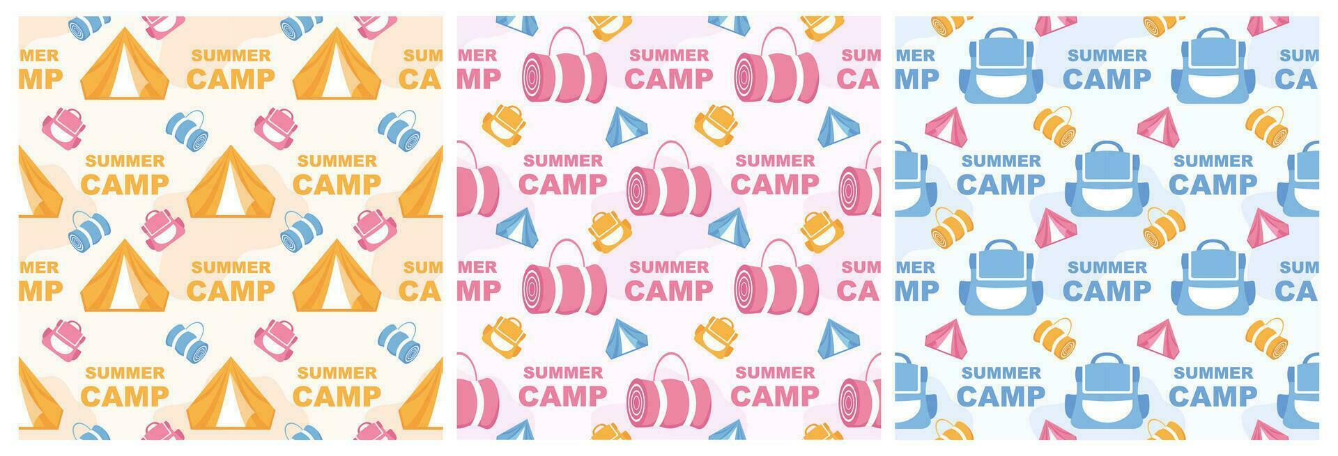 Set of Summer Camp Seamless Pattern Design of Camping and Traveling in Template Hand Drawn Cartoon Flat Illustration vector