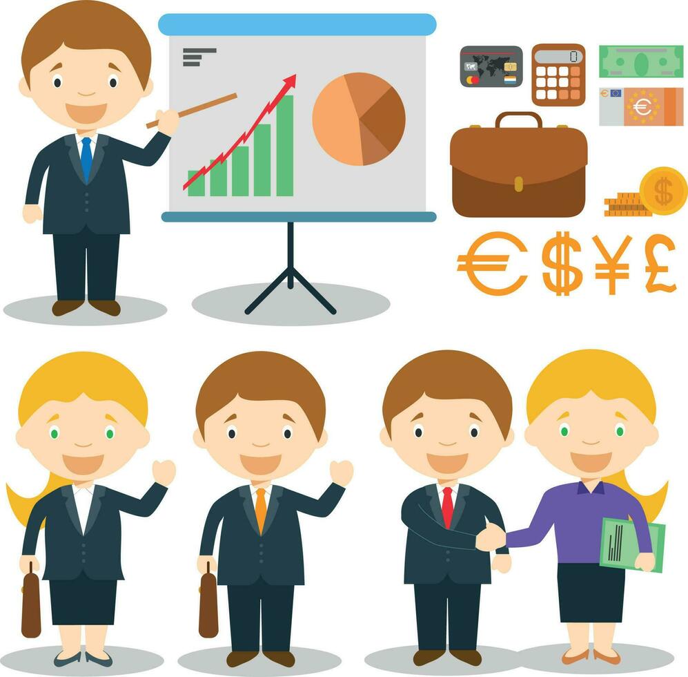 Businessman and businesswoman characters vector illustration, with finance icons and objects set