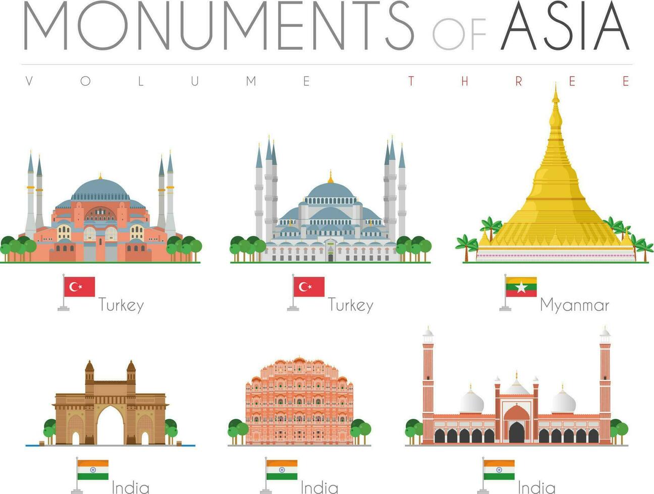 Monuments of Asia in cartoon style Volume 3. Hagia Sophia and Blue Mosque - Turkey, Shwedagon Pagoda-Myanmar, Gate of India, Hawa Mahal and Jama Masjid Mosque - India. Vector illustration
