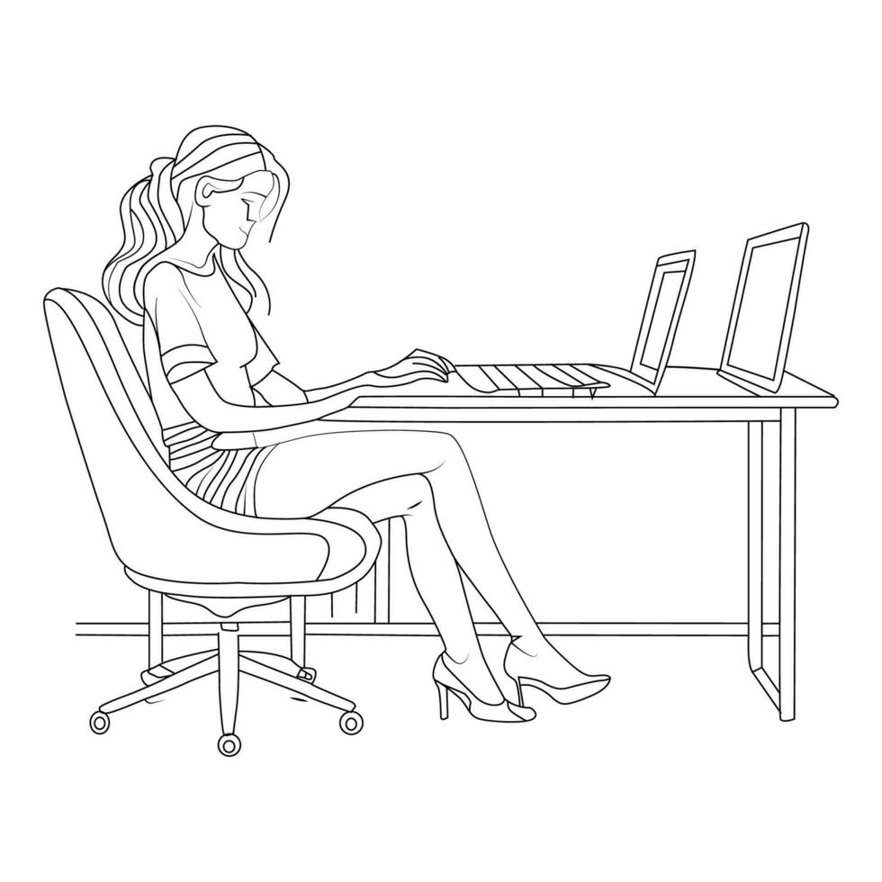 un niña hojeada ordenador portátil sentado en el silla plano línea Arte vector