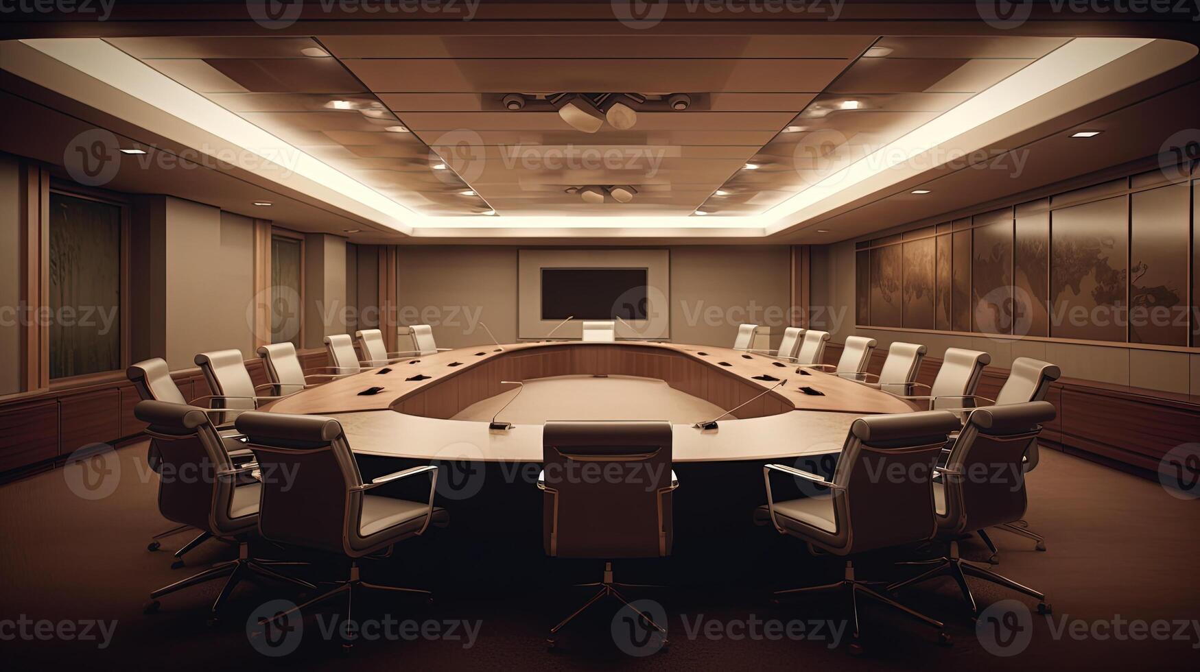 Modern Board Room with a Large Conference Table Surrounded by Comfortable Chairs for Govt Office, Corporate Office. Created by Technology. photo