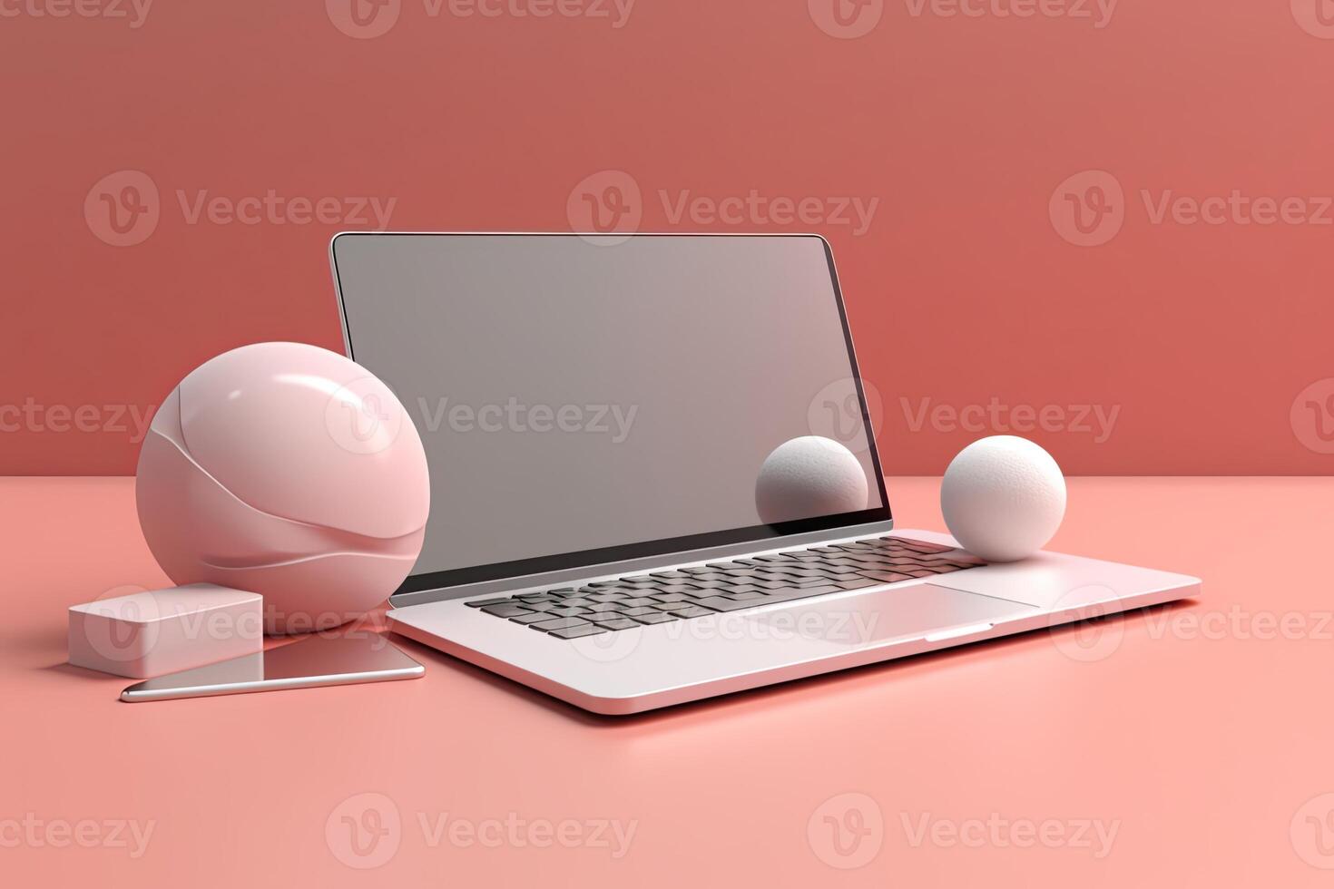 Sleek Laptop Mockup with Geometric Elements on Peach Background, Technology. photo