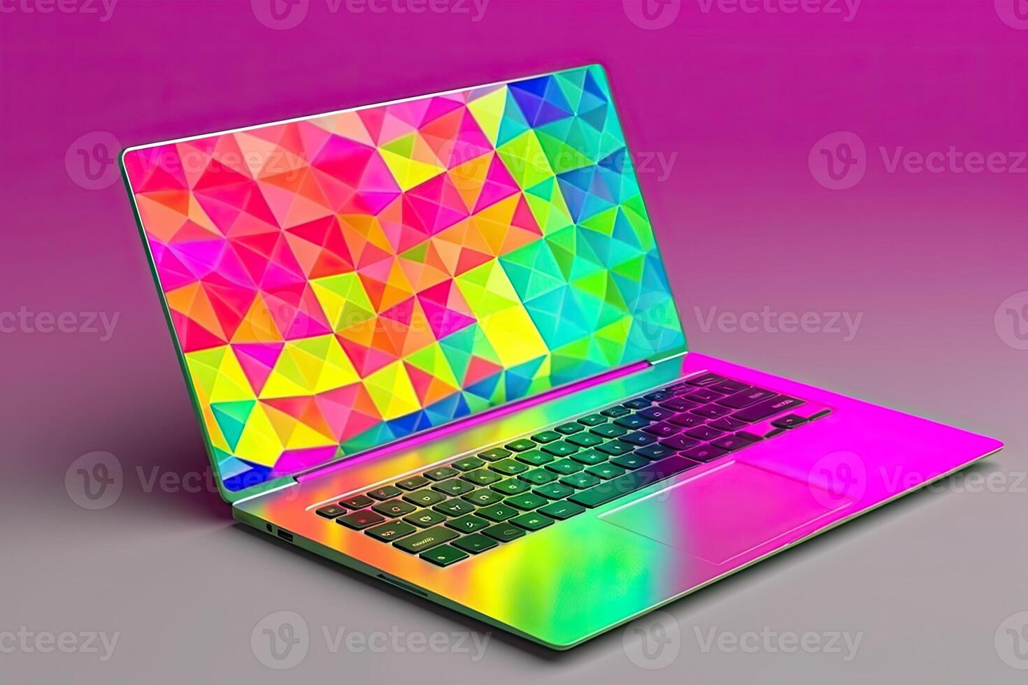 Colorful Geometric Art Screen of Notebook Computer or Laptop on Pink and Gray Background. Technology. photo