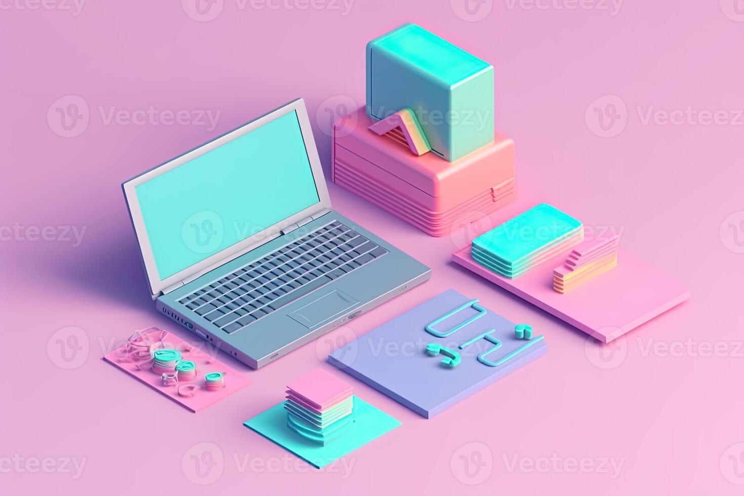 Professional Laptop Mockup and Geometric Objects, Trendy Background, High-Quality and Realistic for Effective Marketing. Technology. photo