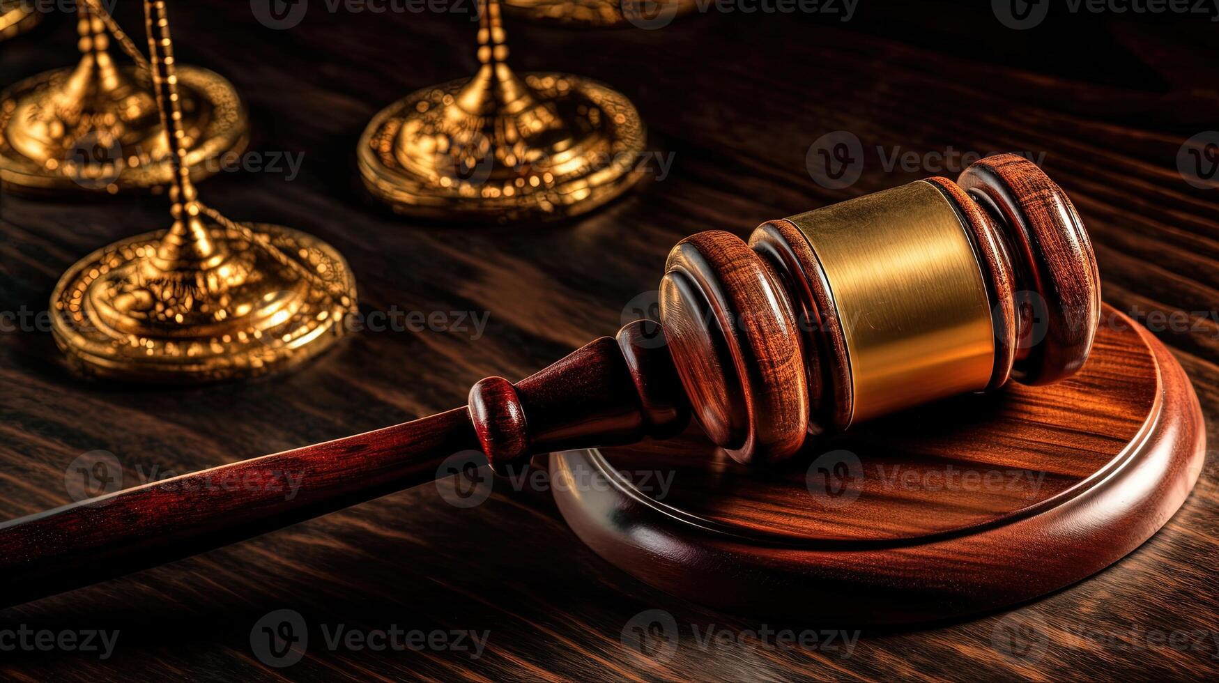 Wooden Gavel on Sound Round Block for Law Justice, Judicial, Jurisprudence Concept. Created by Technology. photo