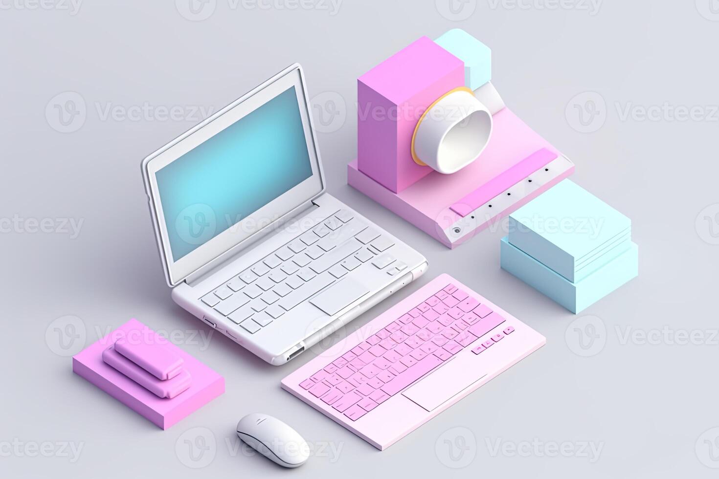 Isometric Smart Appliances as Notebook Computer, Digital Camera, Keypad of Laptop and Boxes on Pastel Blue Background. Technology. photo