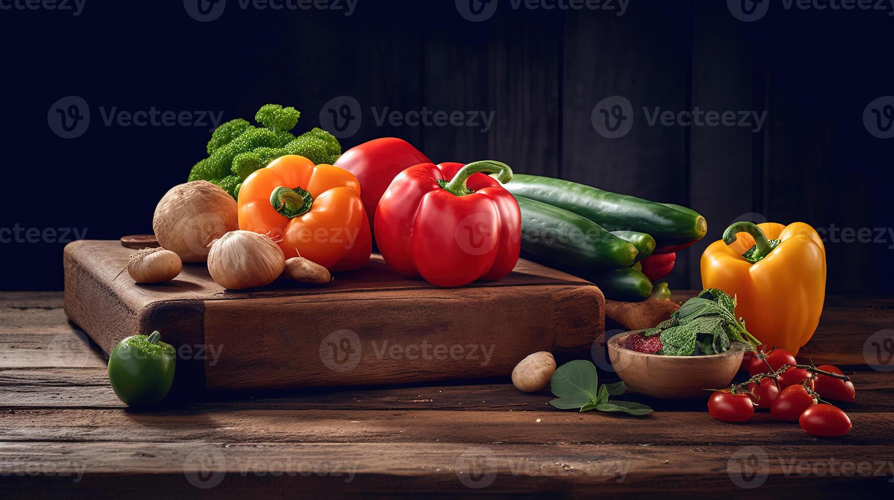 Healthy and Vegan Food Assortment of Fresh Vegetables on Wooden Cutting Board. Digital Illustration photo
