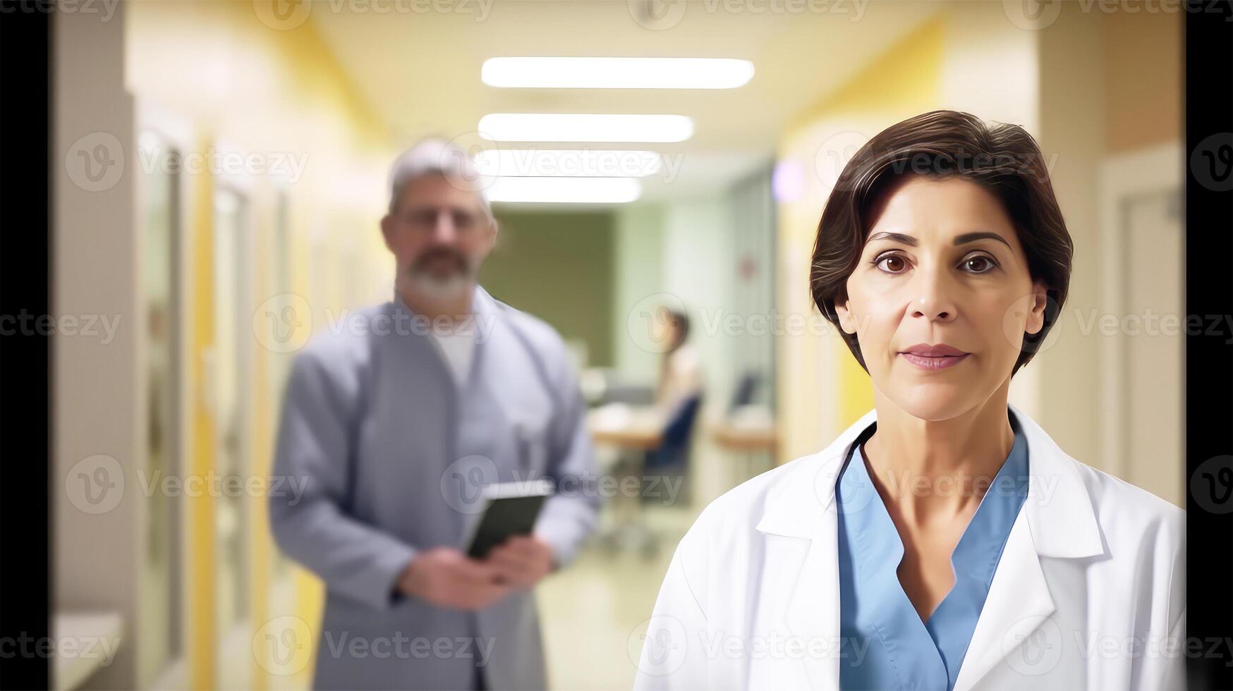 Cropped Photo of Senior Female Doctor and Her Colleague in Hospital Corridor. .