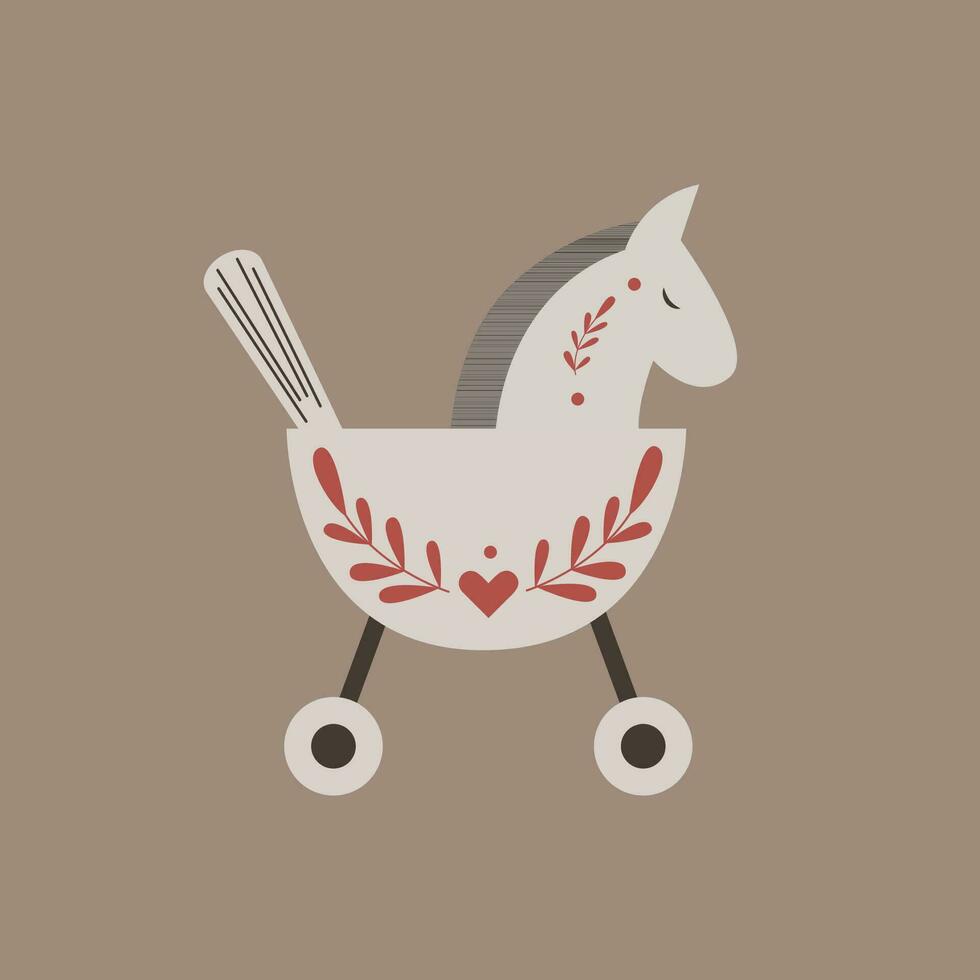 Vector retro rocking kids toy beige horse with branches and heart decoration isolated on brown background.