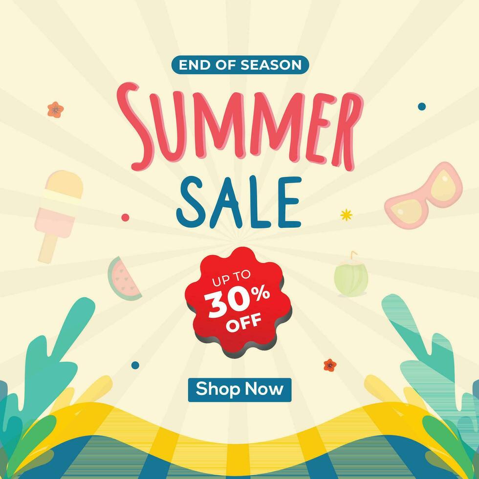 Summer sale promotion,30 percent off poster, banner, social media template illustration vector
