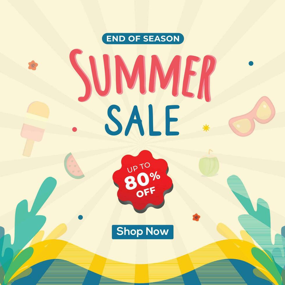 Summer sale promotion,80 percent off poster, banner, social media template illustration vector