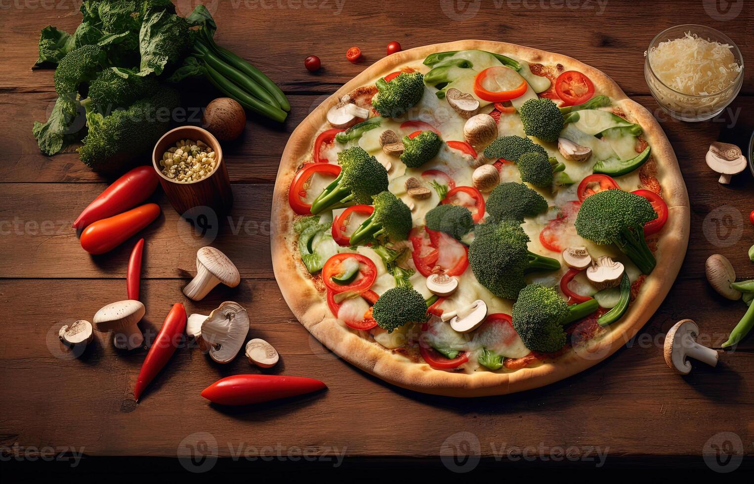 Closeup view of Delicious Vegan Pizza with Vegetable on Wooden Table Top. Digital Illustration. photo