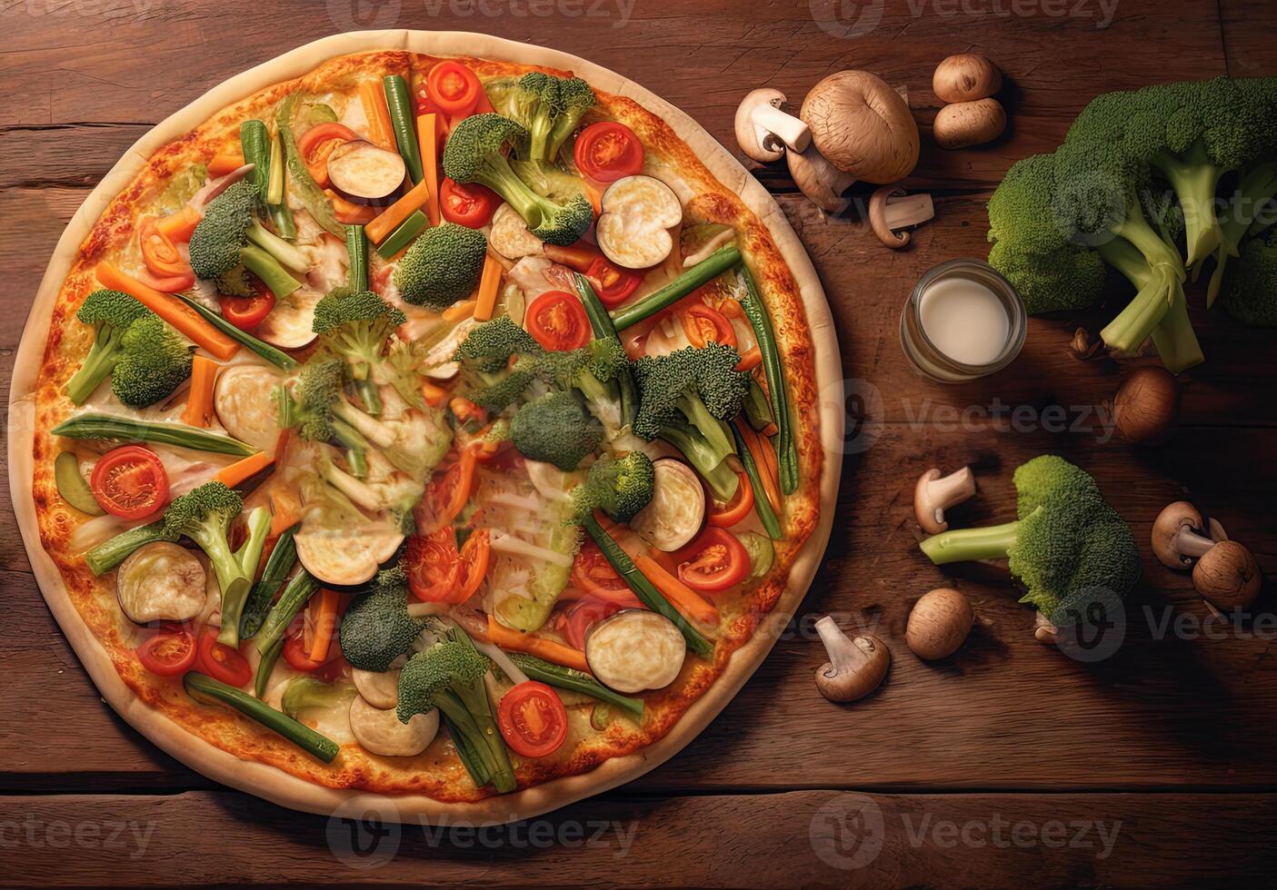 Closeup view of Delicious Vegan Pizza with Vegetable on Wooden Table Top. Digital Illustration. photo