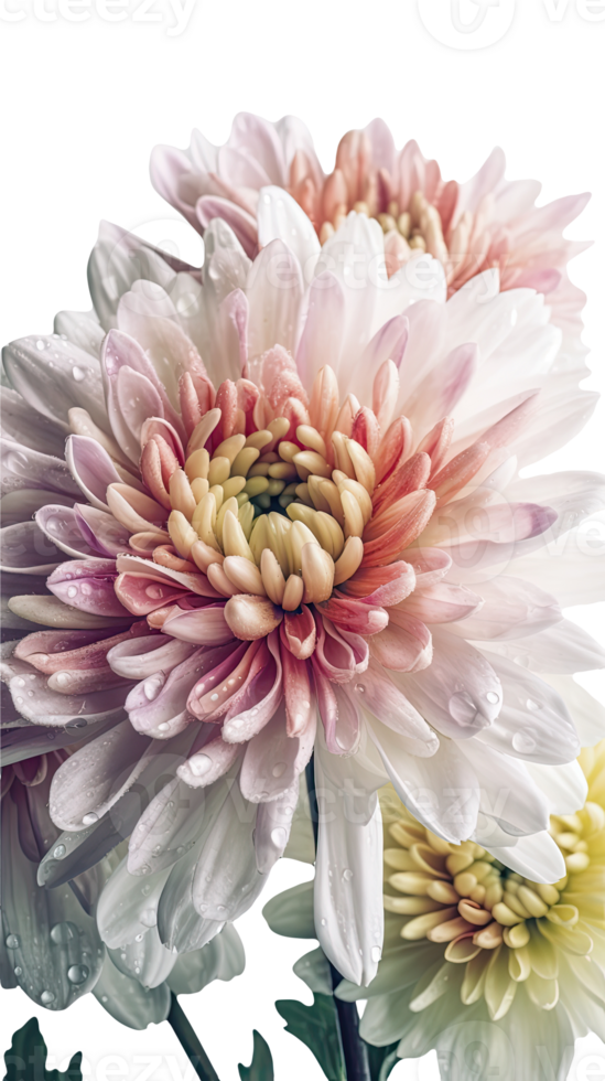 Closeup Image, Water Droplets of Chrysanthemum Flowers on Transparent Background. . png