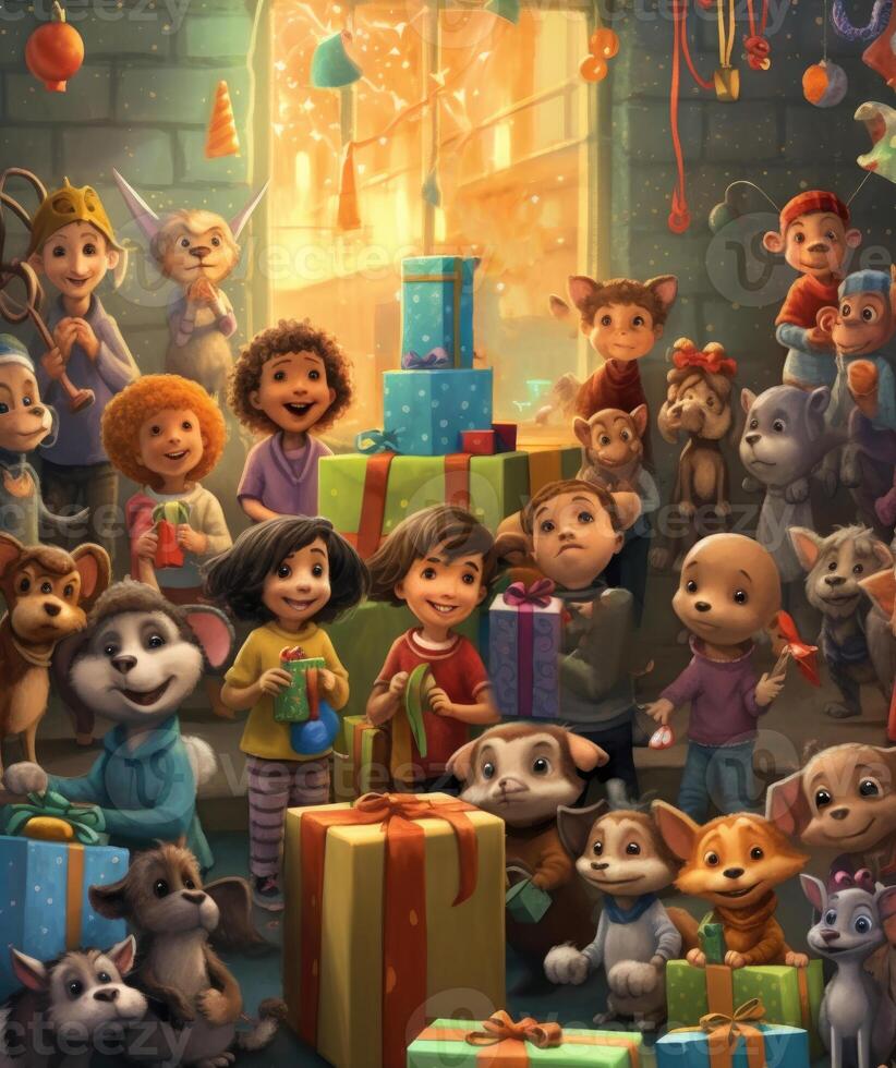 hermosa imagen de adorable niños con animal personaje juntos celebrar de cumpleaños o evento, regalo cajas y brillante decorativo habitación. generativo ai digital ilustración. foto