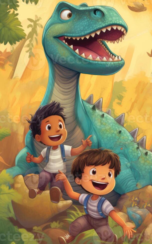 Cheerful Cute Boys and Dinosaur Cartoon at Bright Nature Background. Digital Illustration. photo