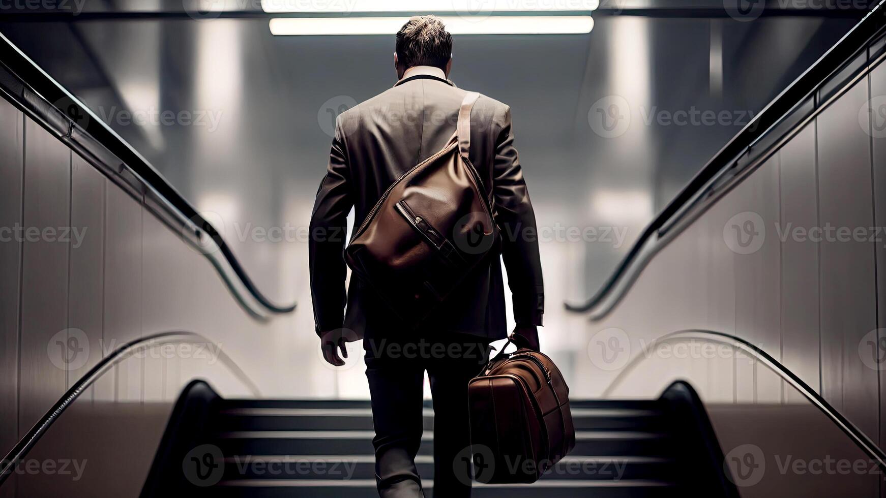 Back View of Businessman Carrying Two Bags Walk Up Stairs in Interior Building or Station. Technology. photo