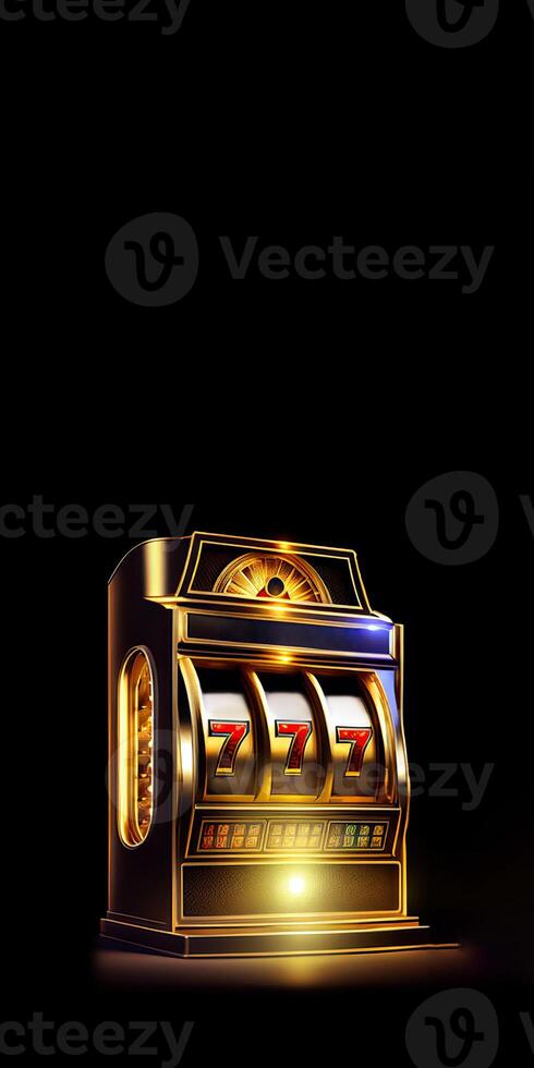 Golden and Black Shiny Casino Slot Machine with Winning Combination of Triple Seven. Gambling Addiction, Casino Games Concept. Technology. photo