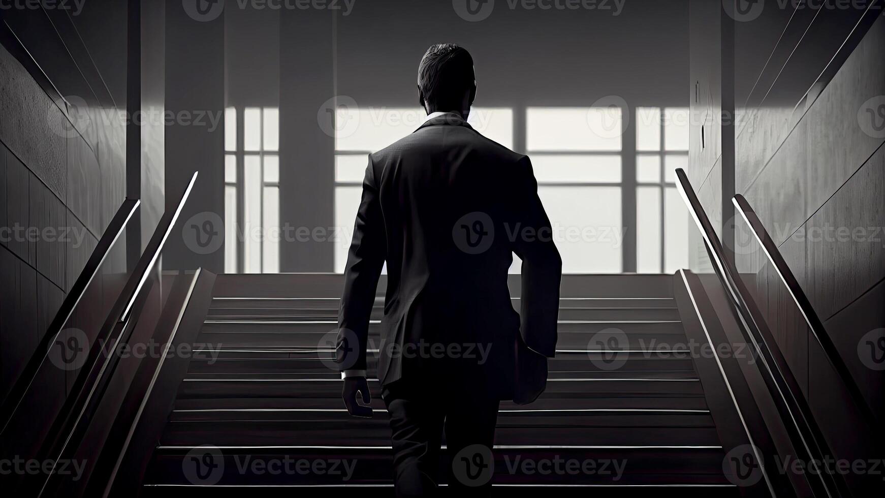 Back View of Businessman Climbing Stairs Towards the Lights Door Background. Success and Leadership Concept. Technology. photo