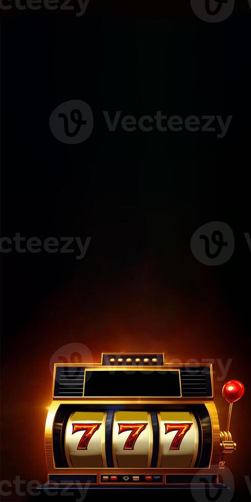 Golden and Black Shiny Casino Slot Machine with Winning Combination of Triple Seven. Casino Games Concept. Lucky One Armed Bandit, Vertical Banner Design and Copy Space. Technology. photo